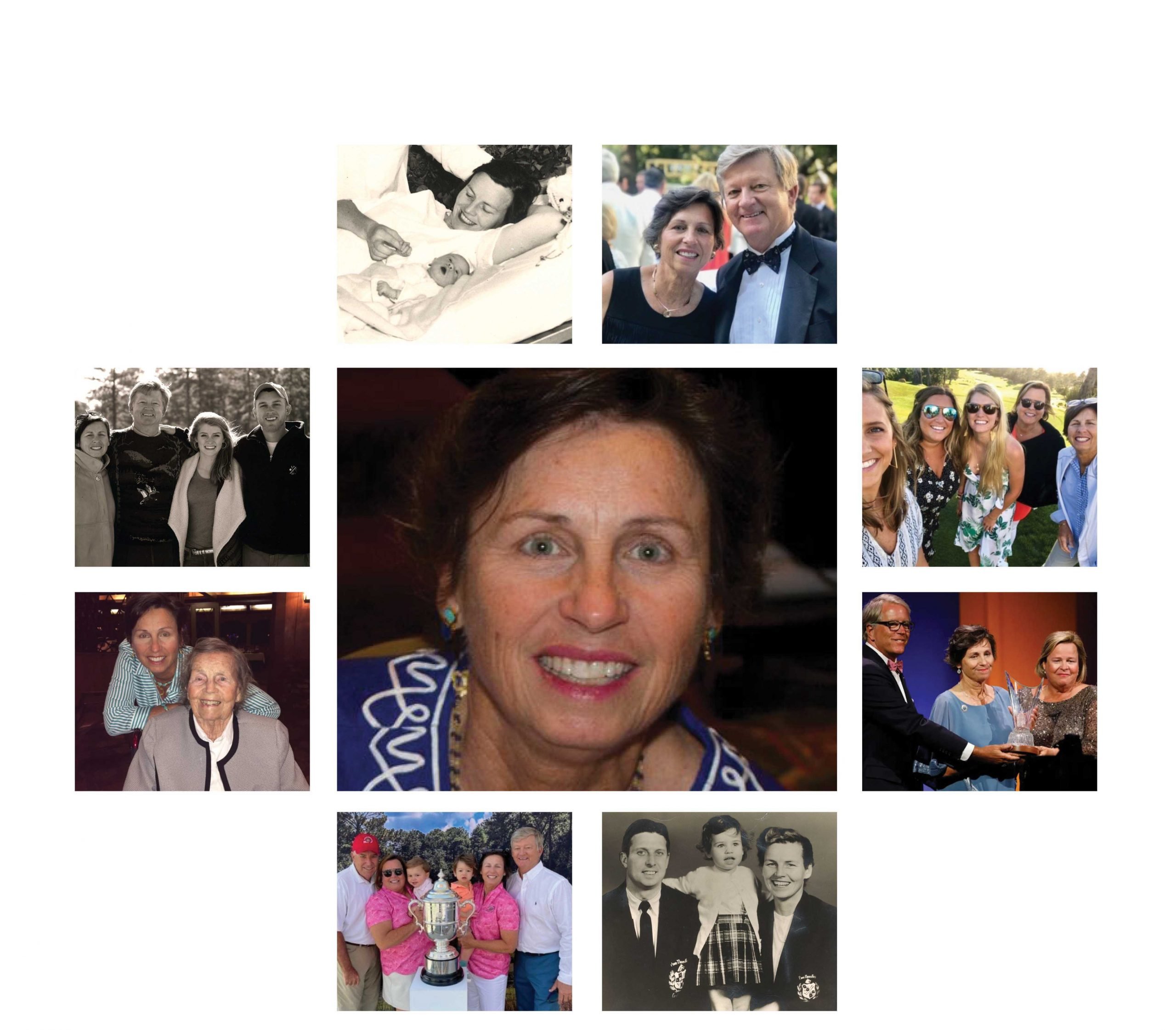 A collage of various images featuring a woman throughout different stages of her life. The images include her as a baby, with family and friends, and attending events. Highlights include group photos, individual portraits, and candid moments.