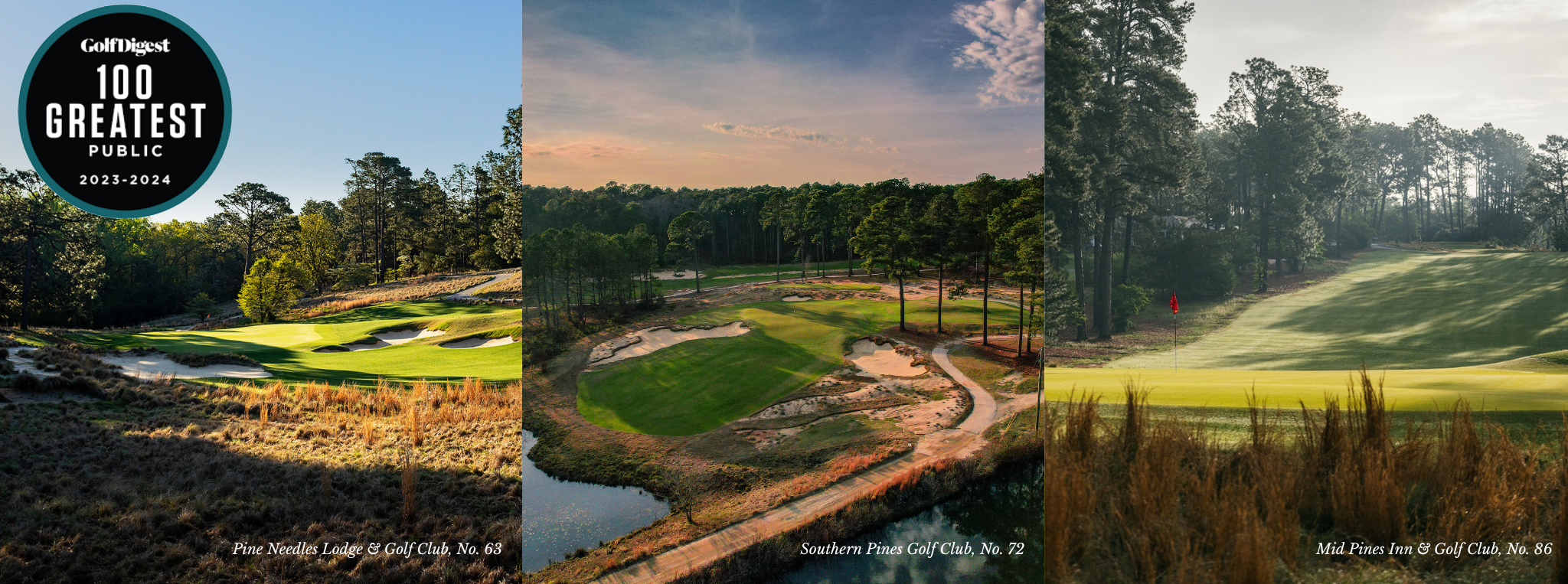 A collage featuring three golf courses: Pine Needles Lodge and Golf Club (No. 15), Southern Pines Golf Club (No. 72), and Mid Pines Inn & Golf Club (No. 86). Each course is depicted with lush greens and surrounding trees under varying lighting conditions.