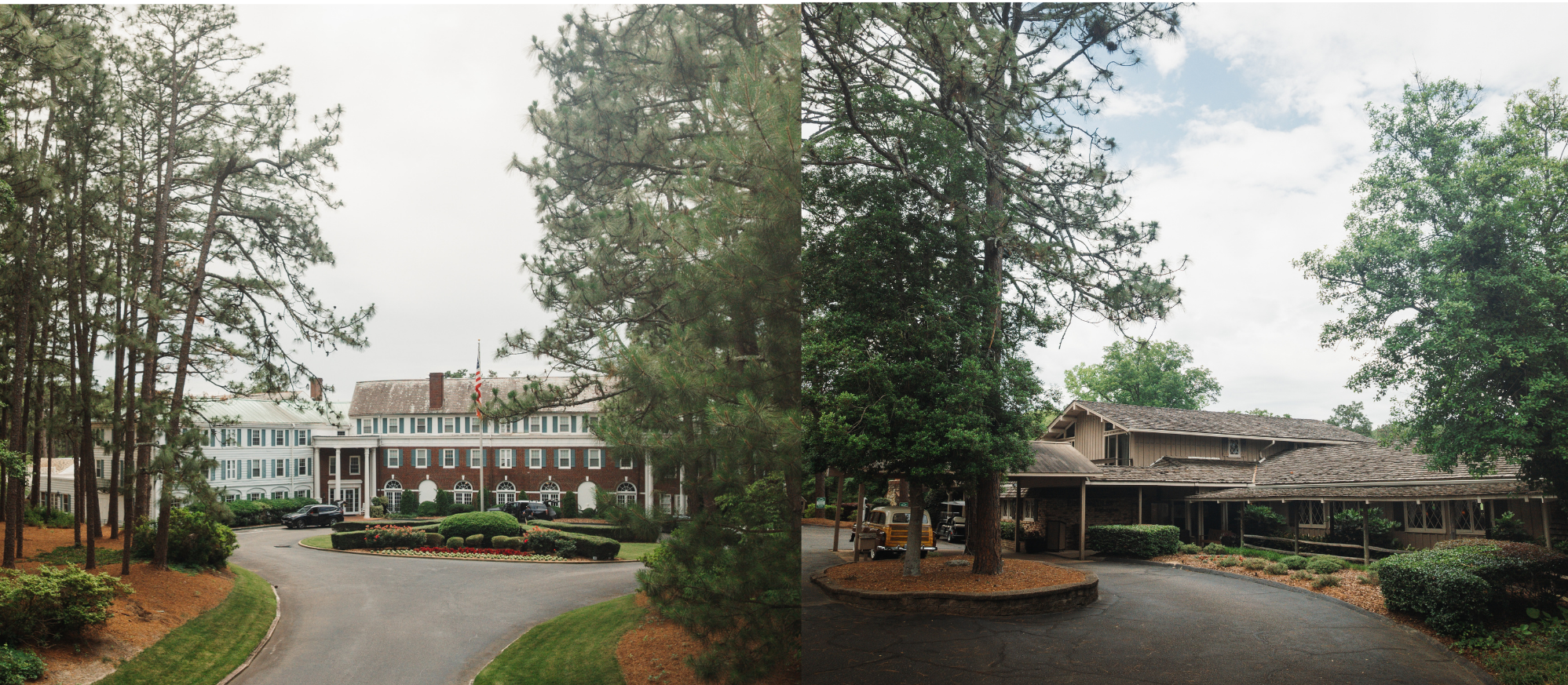 A split image featuring two hotel buildings. The left side shows a traditional style hotel surrounded by trees, while the right side highlights a more modern structure with a covered entrance, both set in a landscaped area.